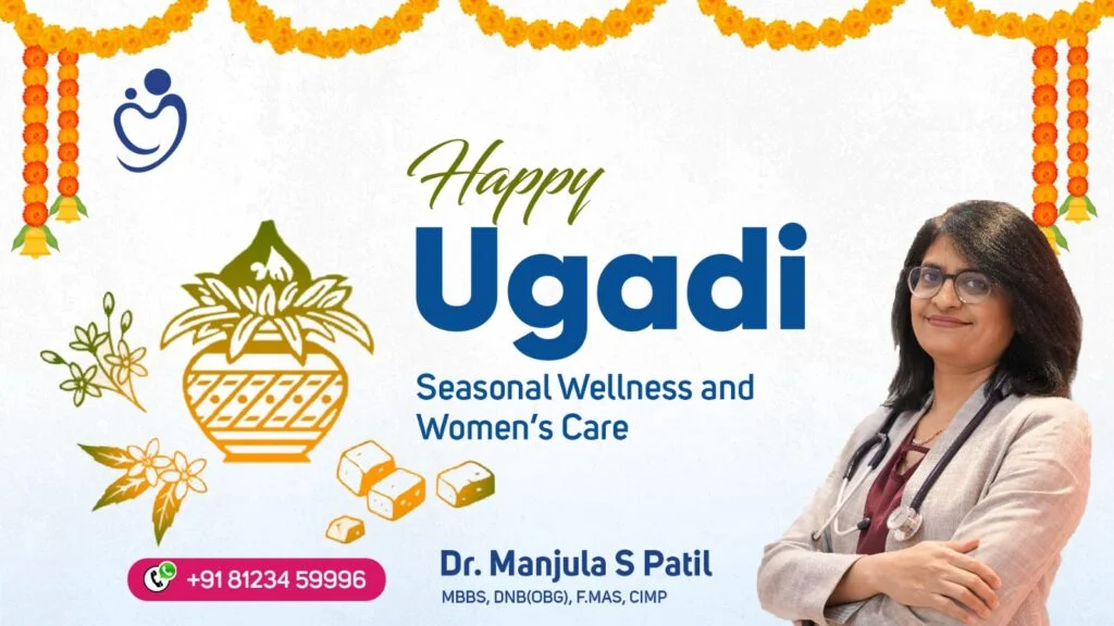 Happy Ugadi wishes banner featuring Dr. Manjula S Patil promoting seasonal wellness and women’s care